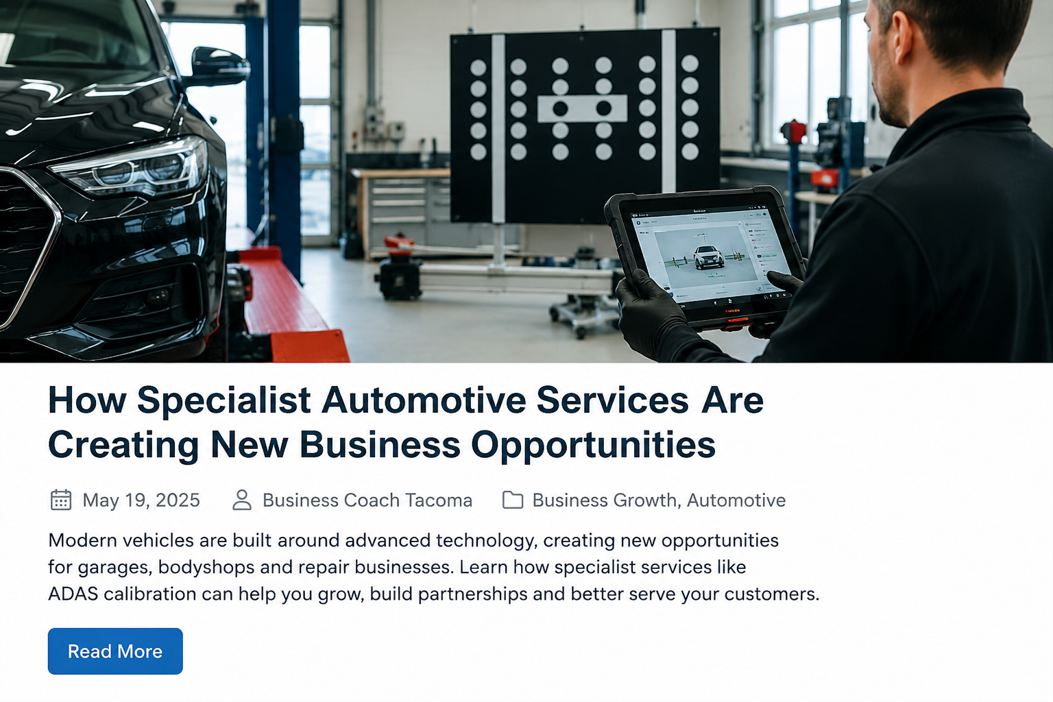 Modern vehicle workshop showing ADAS calibration and specialist automotive technology services
